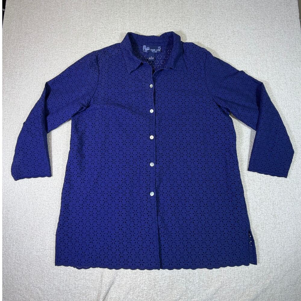 Susan Graver Women 1X Blue Eyelet Long Sleeve Open Front Layering Jacket Plus